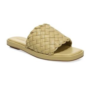 Vince Beige Cushioned Woven Rumi Square Toe Slip On Leather Slide Sandals